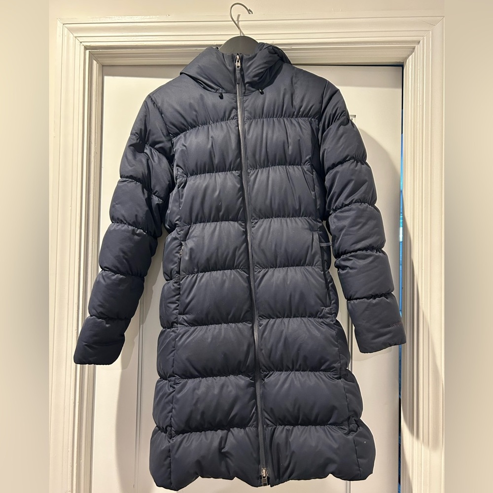 Patagonia Dark Blue Long Puffer Coat with Hood